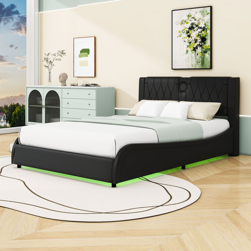 Upholstered Bed with RGB LED and Built-in Bluetooth Speakers, Full / Double, Black