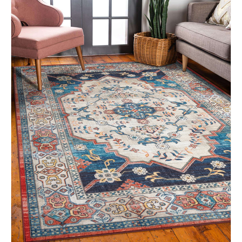Lyanne Washable Non-Slip Medallion Ivory/Navy Area Rug, Rectangle 7'10" x 10'