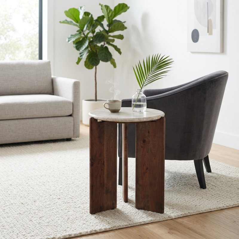 Table basse ronde moderne avec plateau en pierre et surface en marbre avec base en bois sculpturale et silhouette contemporaine pour la disposition de meubles de salon ou de détente