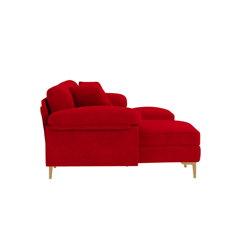 Canapé modulaire en chenille en U 114 po avec méridienne et pieds dorés, Red Chenille