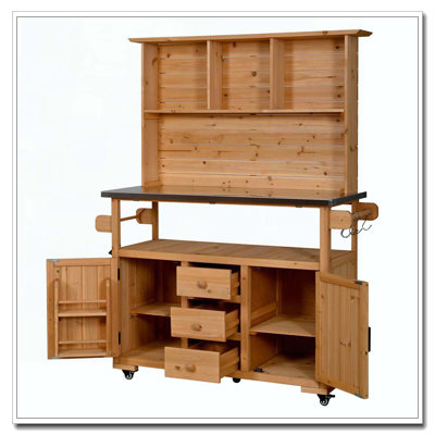 Grand banc de rempotage de jardin 65 po avec roulettes verrouillables, îlot de cuisine extérieur en bois avec plateau en acier inoxydable