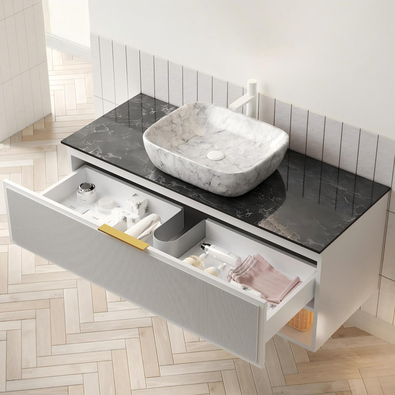Meuble-lavabo flottant 48 po avec 1 tiroir, tablette ouverte et vasque en céramique 48 po, 48"