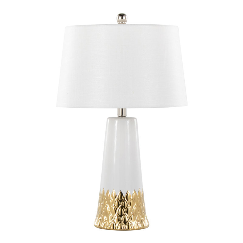 Lampe de table 22 po contemporaine en céramique blanche et dorée avec abat-jour blanc