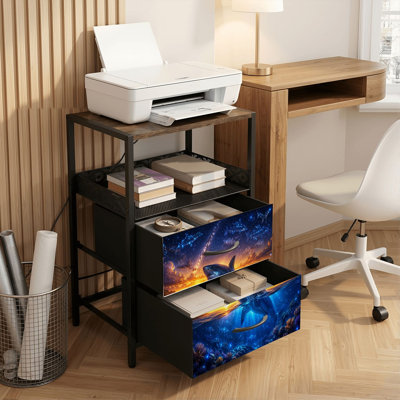Table de chevet 2 tiroirs avec station de charge, table de chevet pour chambre à coucher avec ports USB, tablette ouverte noire, table de chevet avec impression de récif corallien Majestic Shark Ocean