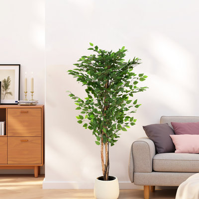 Arbre artificiel de 63 po avec pot, feuilles brillantes abondantes et tronc torsadé, pot à fleurs pré-en pot, peu d'entretien, simulation réaliste de 63 po personnalisable, pour un décor intérieur, facile à poser,