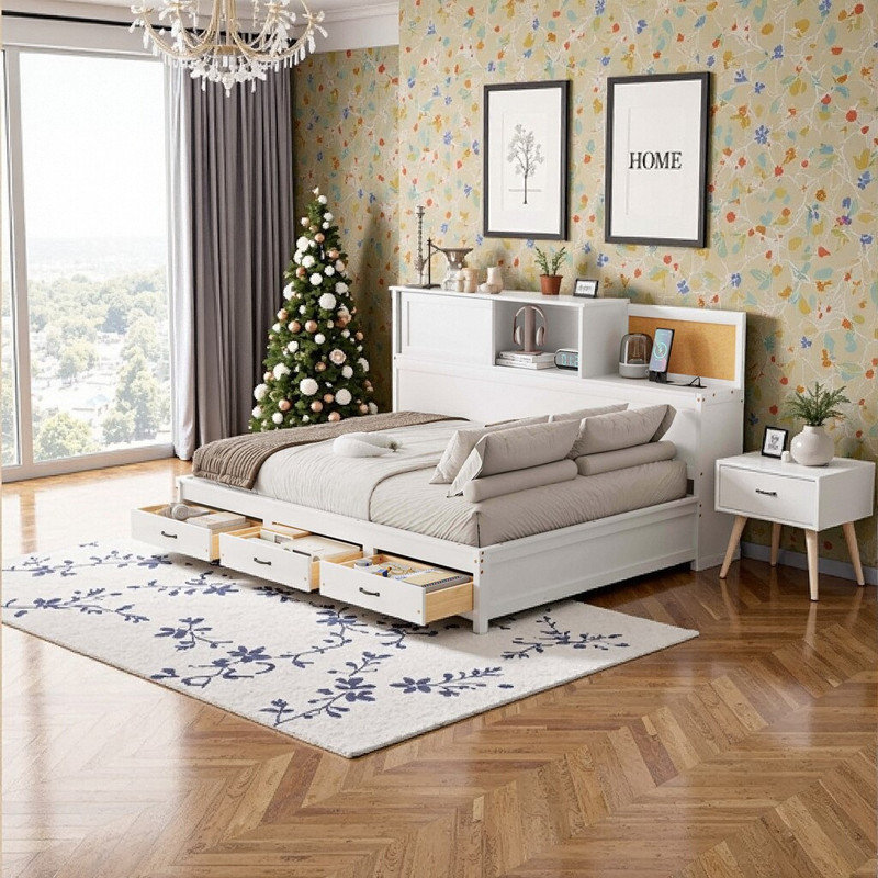 Lit de jour simple en bois avec tiroirs de rangement et ports USB intégrés