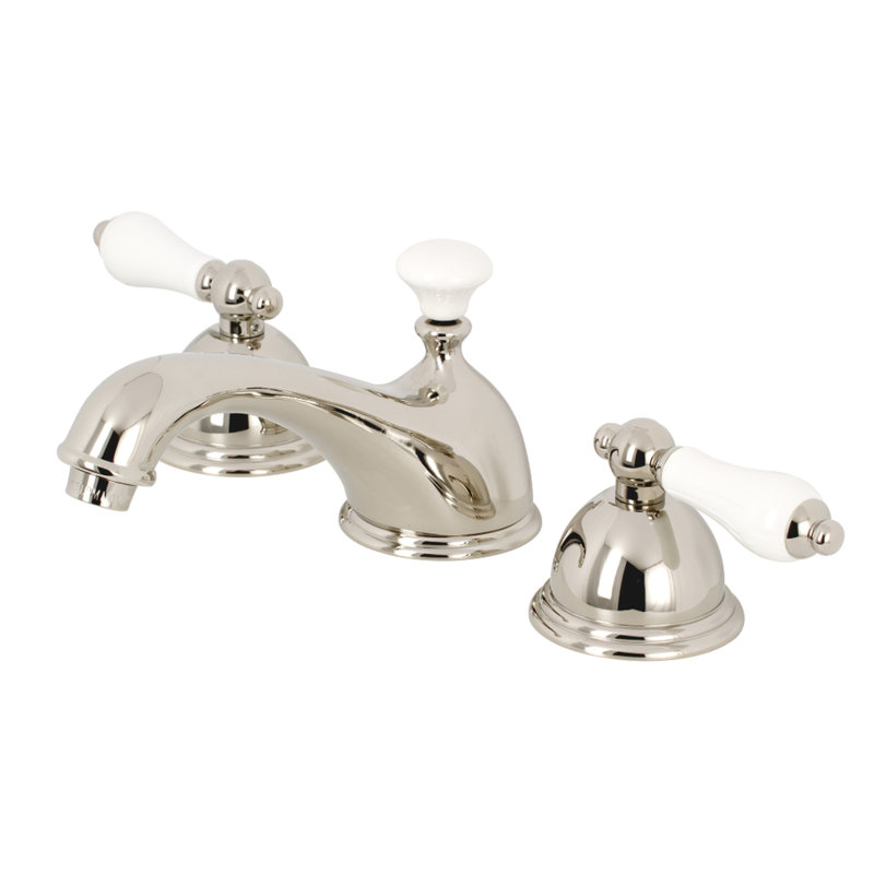 Kingston Brass Restoration Two-Handle 3-Hole Deck Mount Widespread Bathroom Faucet with Brass Pop-Up Drain, Polished Nickel