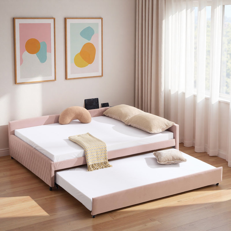 Upholstered Daybed With Trundle And Usb, Pink