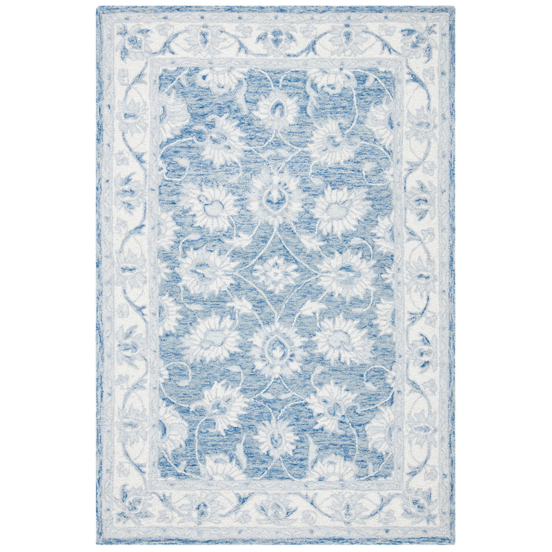 Vallelunga Oriental Handmade Tufted Wool Blue/Ivory Area Rug, Rectangle 2' x 3'