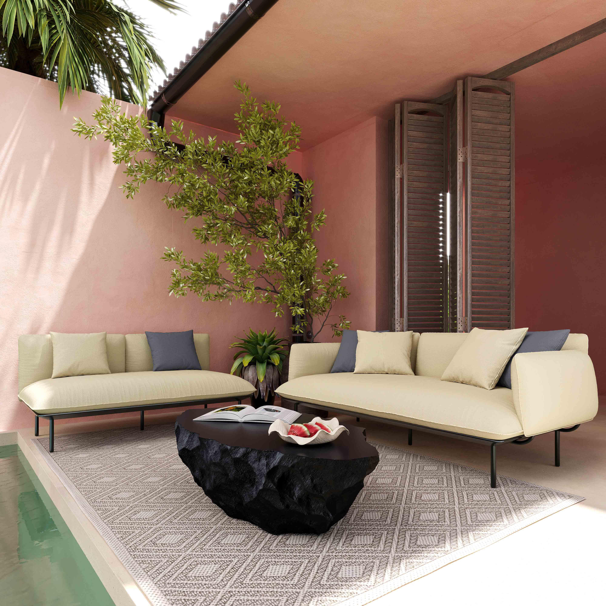 65.5'' Wide Aluminum Loveseat with Cushions, Beige, Dark Brown
