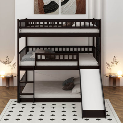 Full-Over-Full-Over-Full Triple Bed With Built-In Ladder And Slide , Triple Bunk Bed With Guardrails