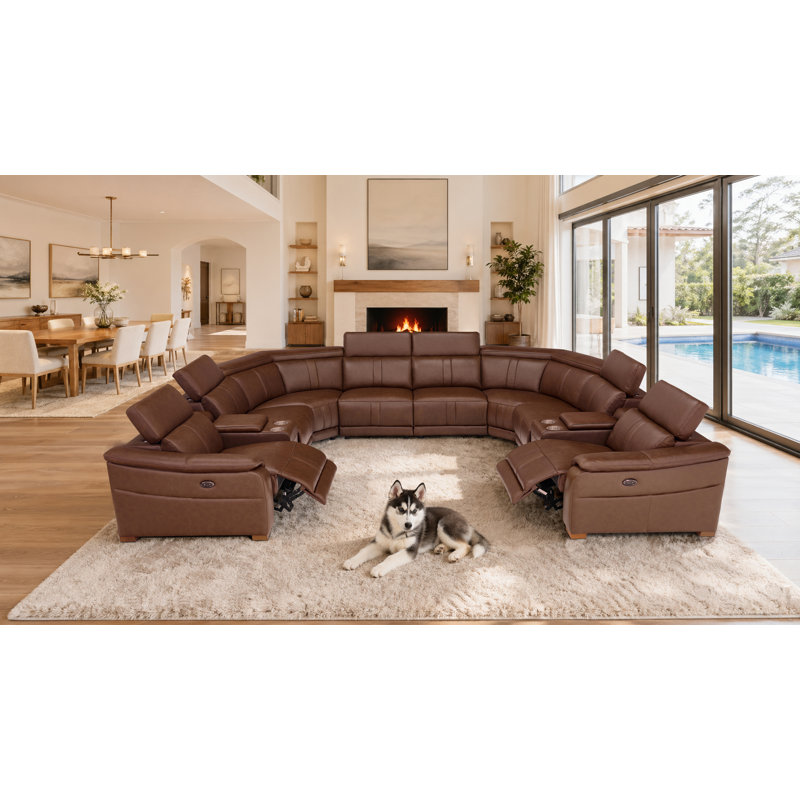 Mietoon Leather Match Large Seating Power Recliner Sectional, Dark Brown Leather Match