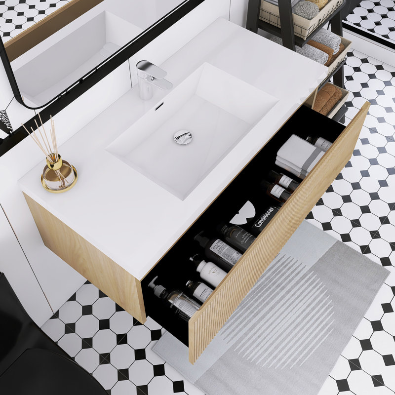 Meuble-lavabo mural en chêne naturel avec comptoir en résine de pierre et tiroirs à fermeture en douceur, Naturel, 42", Blanc