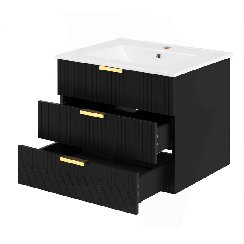 Armoire murale suspendue 24 po avec tiroir double, petit lavabo de salle de bain rectangulaire flottant avec trou de robinet simple et trop-plein, armoire de salle de bain moderne avec lavabo en céramique
