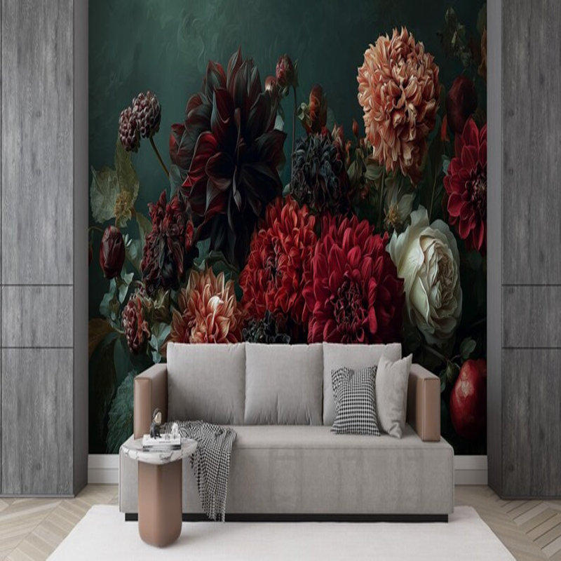 Fleurs profondes bourgogne rétro, L 106 po x l 138 po