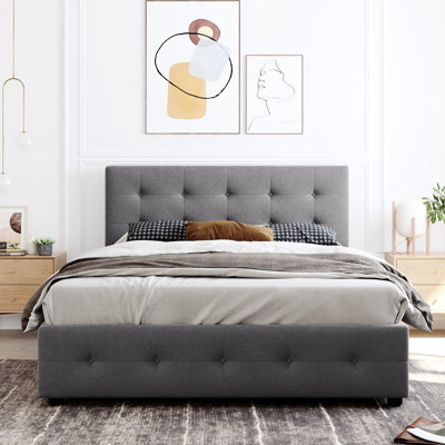 Lit plateforme tapissier gris avec 4 grands tiroirs de rangement et tête de lit - Grand lit sans sommier tapissier en mousse