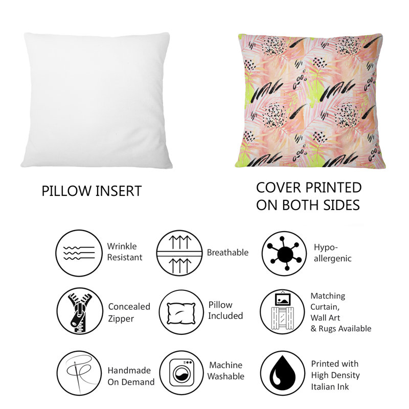 Coussin décoratif imprimé à motif de feuilles de palmier roses à motif graphique rétro