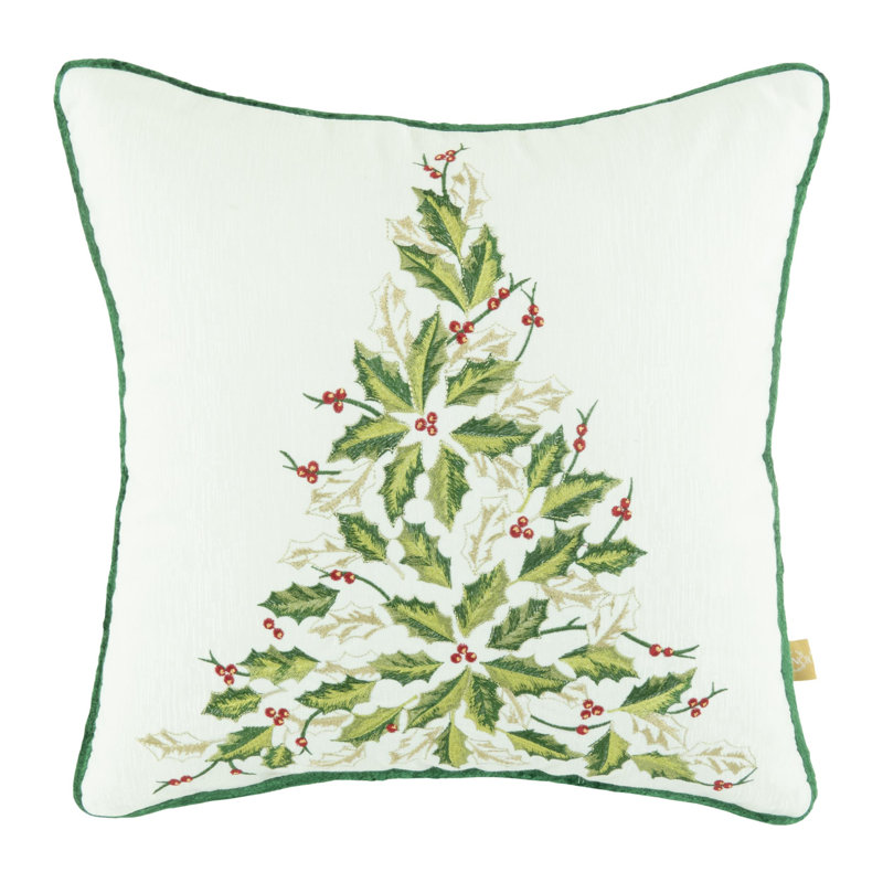 18" White and Green Embroidered Christmas Tree Throw Pillow