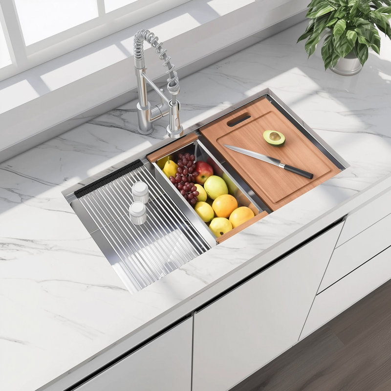 Évier de poste de travail encastré, évier de cuisine encastrable en acier inoxydable de calibre 18, évier simple encastré à rayon R10 fabriqué à la main avec accessoires