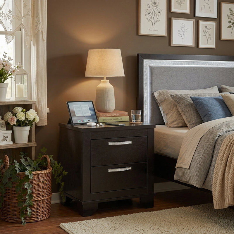 23.62" Modern Black Nightstand With 2-Drawer 