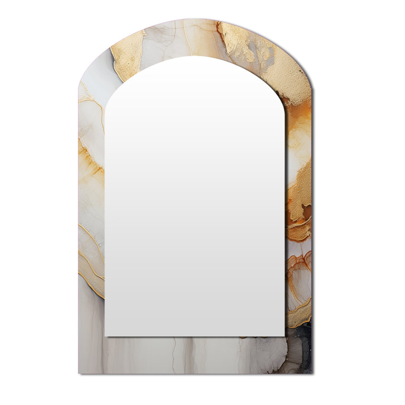 Beige And Orange Minimalism Stone Geode I - Stone Geode Asymmetrical Wall Mirror, Beige Arch Decorative Mirror, Printed Metal Art