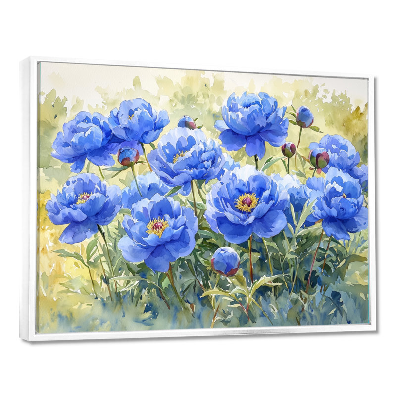 Pivoines bleues dans la prairie I - pivoines, art mural, H 30 po x l 40 po, Impression encadrée flottante, Blanc