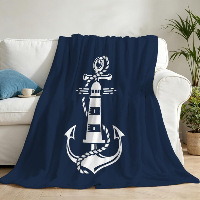 Jeté en molleton blanc ultra doux en flanelle, emblème nautique avec imprimé recto, Throw 50" x 60"