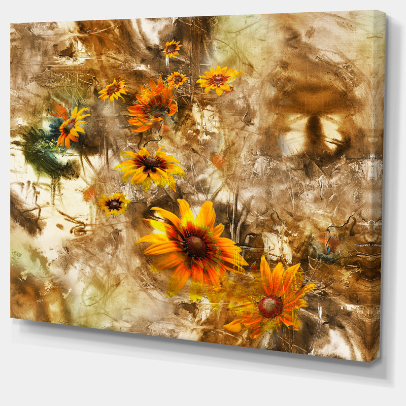 Fleurs jaunes sur fond brun - impression sur toile tendue, H 20 po x l 20 po x P 1 po