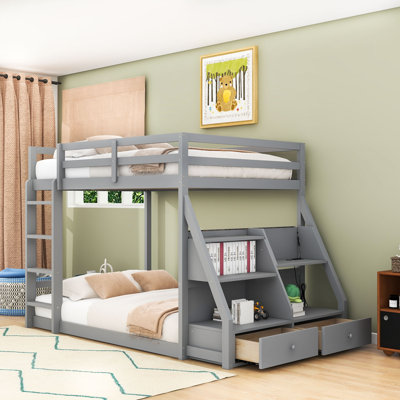2 Drawers Wooden Full over Full Bunk Bed with Shelves
