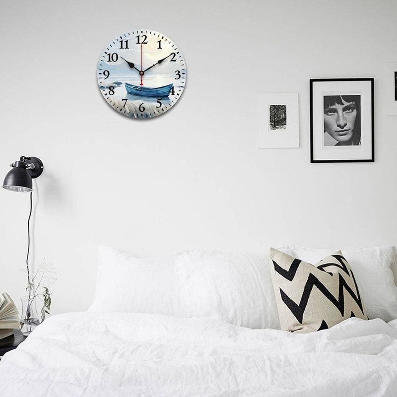 Horloge murale décorative 12 x 12 po, scène de bateau au clair de lune
