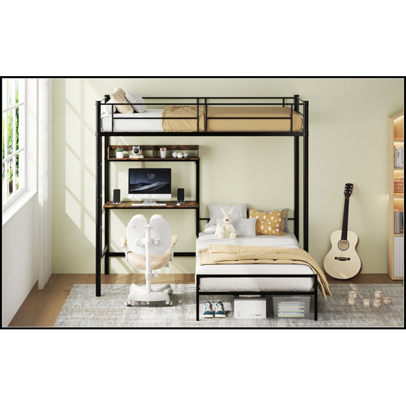 Twin Over Twin Bunk Bed with Desk, Charging Station, and Storage Shelves for Space-Saving and Multifunctionality