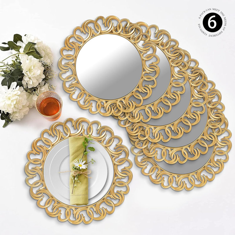 Ensemble de 6 chargeurs à miroir dorés pour assiettes en plastique