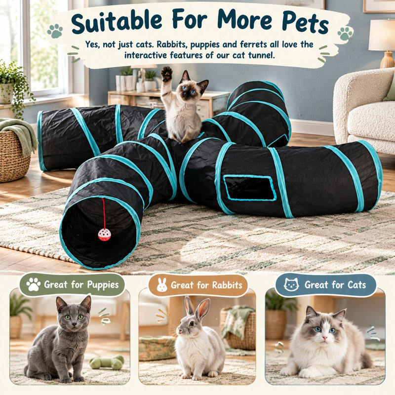 Les grands chats d'intérieur, les chatons, les chatons et les lapins peuvent explorer ce tunnel labyrinthe noir à 4 voies, amélioré avec un tube-maison labyrinthe pliable et 5 fenêtres à cache-cache pour un jeu interactif.