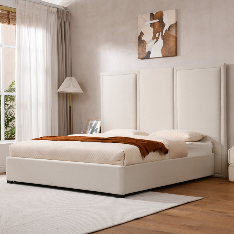 Upholstered Storage Bed With Oversized Headboard, Beige, King