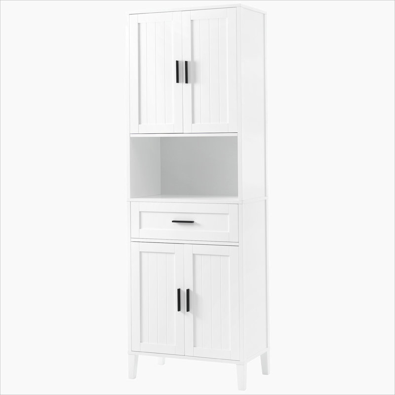 Grande armoire autoportante de 70,9 po de hauteur avec tiroir, 2 armoires, 4 portes à fermeture douce, 2 tablettes réglables, rangement ouvert pour la salle de bain, le salon, la salle de lavage