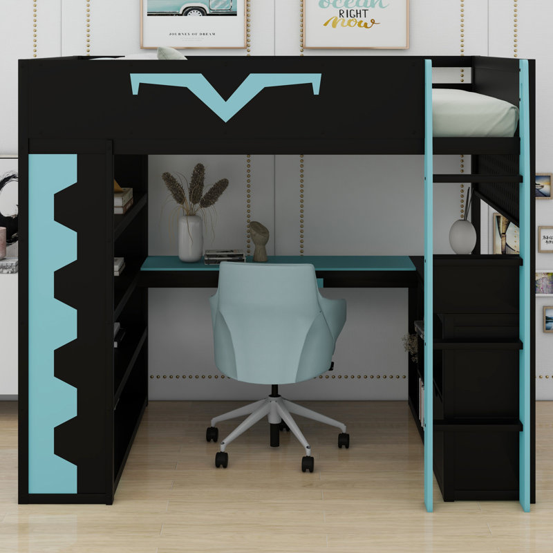 Lit mezzanine avec bureau Pro Gamer, lumières RVB, tablettes, panneau perforé et tiroir, Bleu