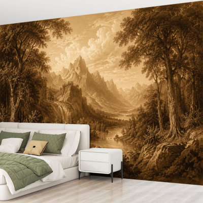 Wall Mural Peel and Stick Wallpaper Vintage Sepia Landscape Mountains Dense Forest River Self-Adhesive Removable Contact Paper Wall Decor for Living Room Bedroom 69"H x 96"W