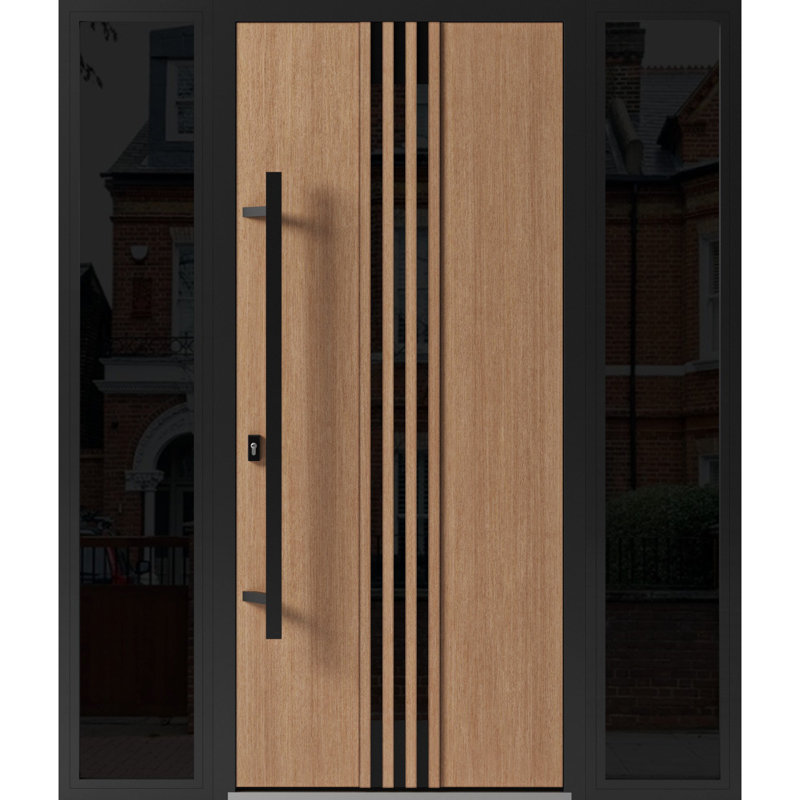 Porte avant en acier pré-suspendue avant / teck Ronex 1055/2 fenêtres latérales extérieures latérales / entrée en métal peint moderne l 12 + 36 + 12 po x H 80 po à gauche