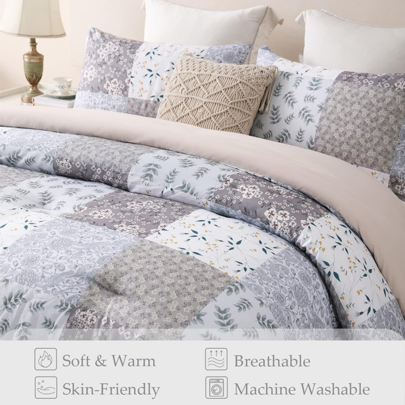 Geometric Duvet Cover Set, Grey Floral, Kingsize Duvet Cover + 2 Pillowcases