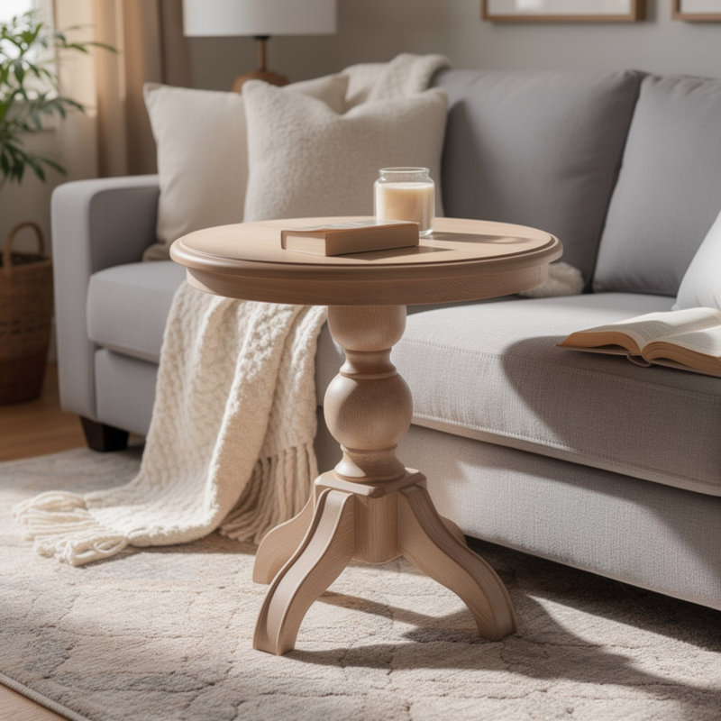 Table de bout ronde Cherie, bois d'hévéa massif blanchi, 24 po