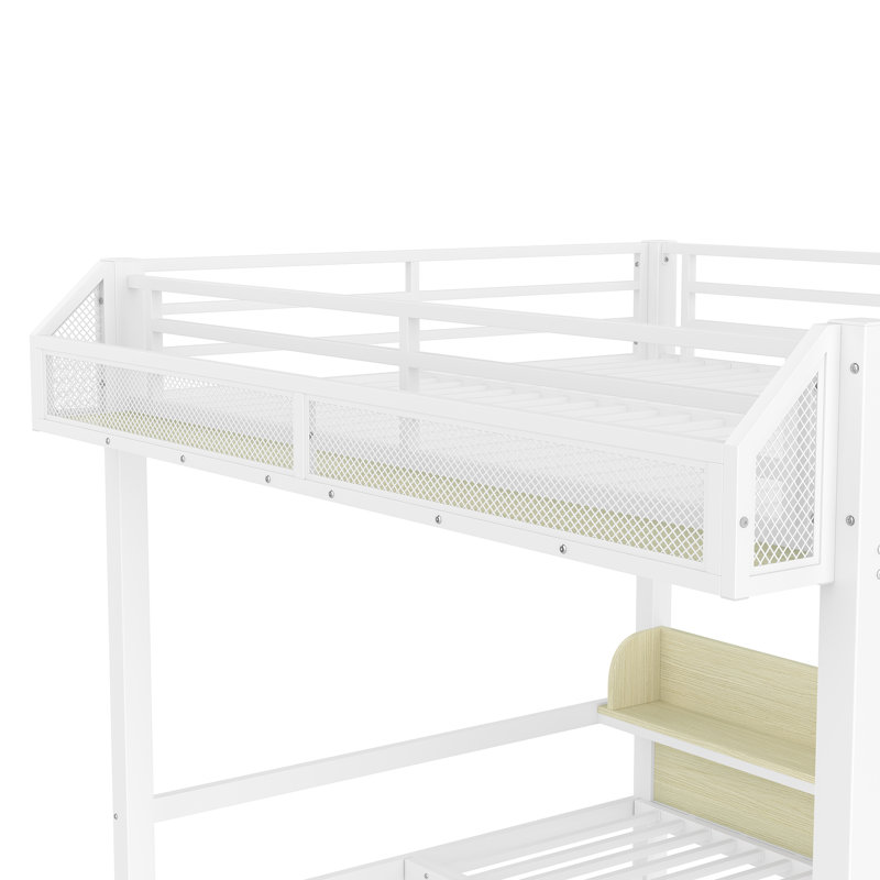 Queen Metal Bunk Bed With LED Lights & USB Ports,  Can Be Converted Into A Sofa, Queen Over Queen, White