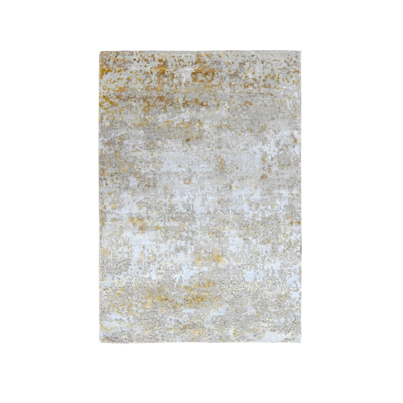 Tapis noué à la main en laine et soie à motif abstrait gris pastel 4 pi 0 po x 5 pi 9 po