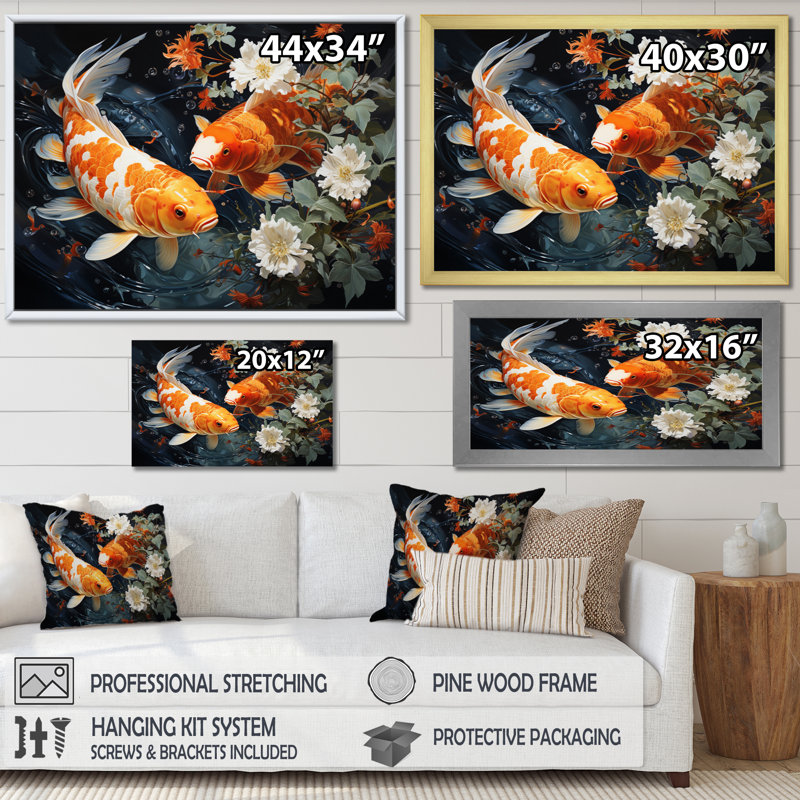 Asian Art Koi Dance II - reproduction d'art, H 30 po x l 40 po x P 1,5 po, Cadre photo blanc