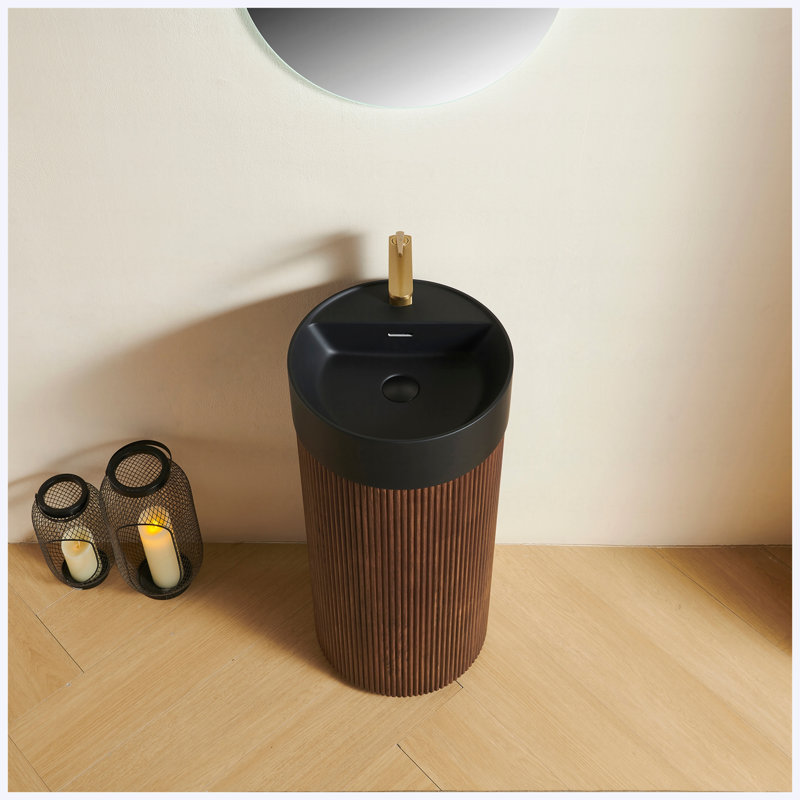 Meuble-lavabo autoportant 16 po à cuve cylindrique autoportante 16 po, meuble grain de bois noyer avec cuve à surface solide ronde noire (trou de robinet pré-percé), sans ensemble de bonde inclus
