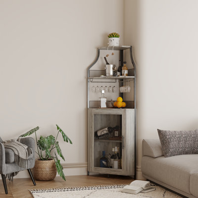 Armoire de bar à vin de coin rétro avec lumières DEL - rangement pour boissons alcoolisées en L avec support à vin amovible et porte-verre - Buffet de porte en filet industriel pour salle à manger, cuisine - Gris