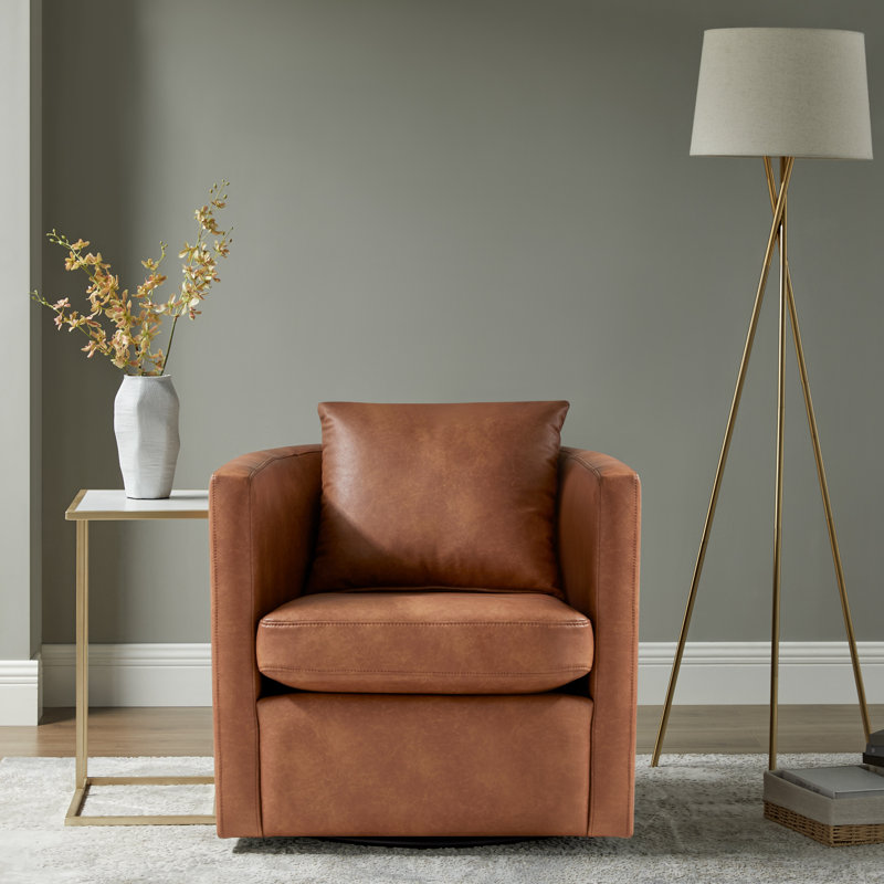 Riona Midnight Swivel Barrel Chair, Brown Polyester and Polyurethane