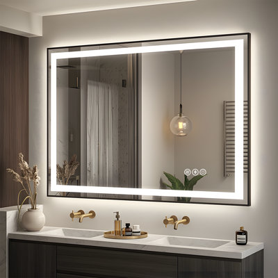 Miroir de salle de bain Adorna certifié UL à intensité variable avec éclairage tricolore, antibuée et cadre noir élégant