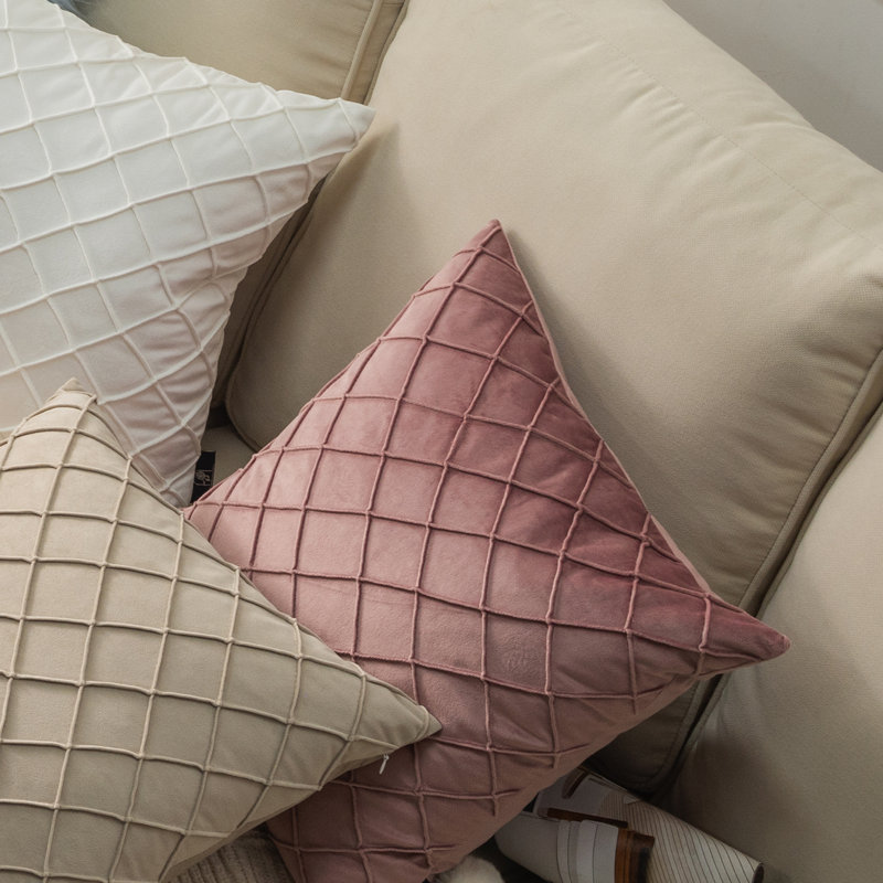 Coussin décoratif carré en velours 18 po, coussins décoratifs texturés à losanges, Rose, Polyester
