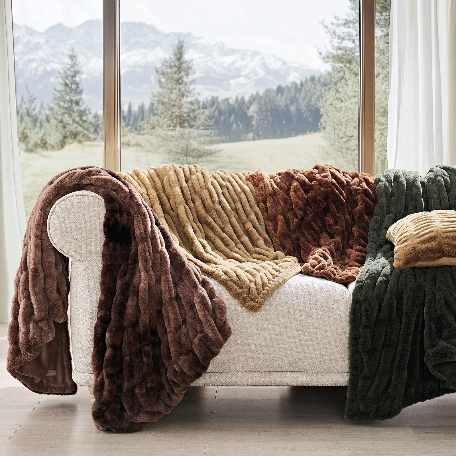 Ruched Bubble Faux Fur Throw Blanket, 60" W x 80" L, Camel