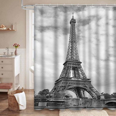 Rideau de douche gris avec 12 crochets Tour Eiffel Paris